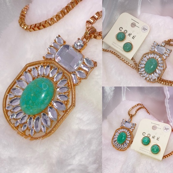 Stylish Turquoise Pendant Necklace & Earrings Set - Picture 4 of 5